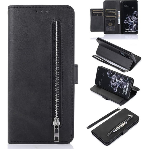 Wallet Case for Samsung Galaxy S20 Plus, 5 Card Slots Magnetic Closure Zipper Pocket Handbag PU Leather Flip Case with Wrist Strap TPU Kickstand Cover for Samsung Galaxy S20 Plus - Black