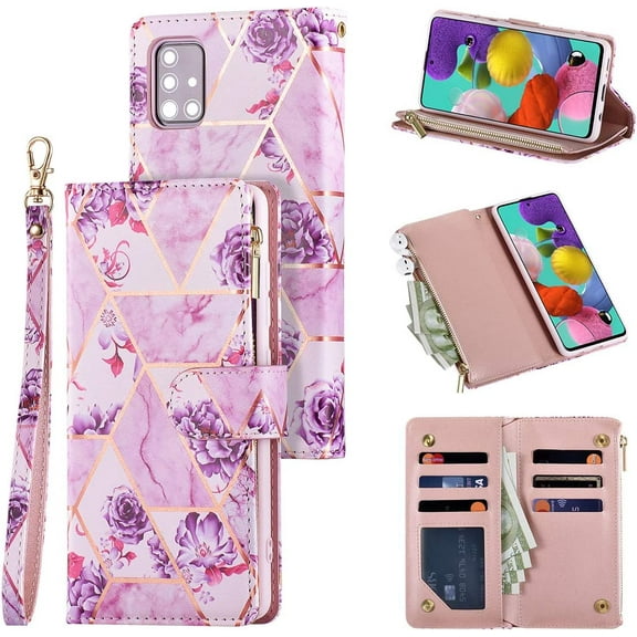 Wallet Case for Samsung Galaxy S20 Plus, Premium Vintage PU Leather Magnetic Closure Geometric Handbag Zipper Pocket Case Kickstand Card Holder Slots TPU Shockproof Flip Cover - Purple Flower