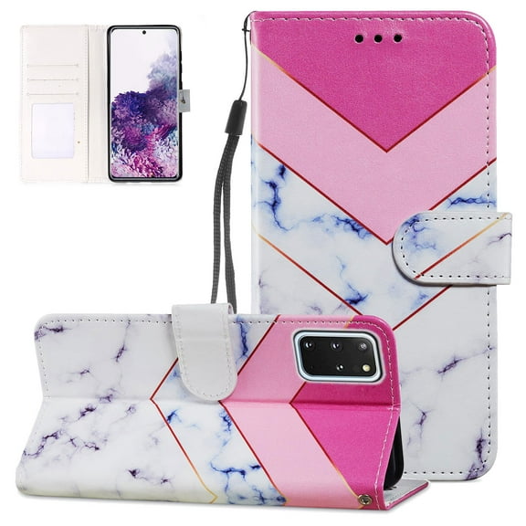 Wallet Case for Samsung Galaxy S20 Plus, Galaxy S20+ Cover 6.7 inch, Allytech Foldable PU Leather Shockproof Stand Card Slots Wrist Strap Case for Samsung S20 Plus 2020, Pink White Marble