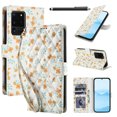 thumbnail image 1 of Wallet Case for Samsung Galaxy S20 Ultra, PU Leather Phone Cover Kickstand RFID Blocking Flip Case Card Slots Wrist Strap Relief Engraved Pattern Magnetic With Stylus Pen, Orange Flower, 1 of 10