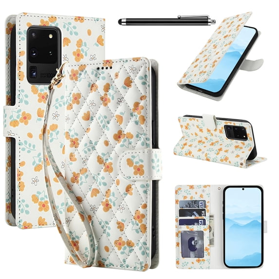 Wallet Case for Samsung Galaxy S20 Ultra, PU Leather Phone Cover Kickstand RFID Blocking Flip Case Card Slots Wrist Strap Relief Engraved Pattern Magnetic With Stylus Pen, Orange Flower