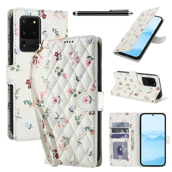 Wallet Case for Samsung Galaxy S20 Ultra , PU Leather Phone Cover Kickstand RFID Blocking Flip Case Card Slots Wrist Strap Relief Engraved Pattern Magnetic With Stylus Pen, Pink Flower