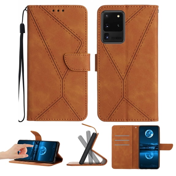 Wallet Case For Samsung Galaxy S20 Ultra, RFID Blocking Magnetic Flip Case with Card Slots Holder Kickstand Wrist Strap, PU Leather Folio Shockproof Protective Cover, Brown