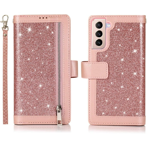 Wallet Case for Samsung Galaxy S21 5G, Magnetic Handbag Zipper Pocket PU Leather Flip with 9 Card Slots and Wrist Strap Folio TPU Inner Stand Case - Rose Gold