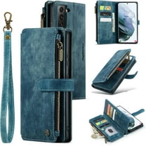 Wallet Case for Samsung Galaxy S21 5G, Premium Handmade PU Leather Phone Case Card Slots Magnetic Closure Zipper Pocket Kickstand Flip Case with Hand Strap