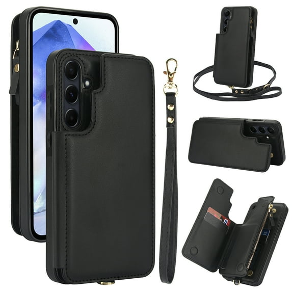 Wallet Case for Samsung Galaxy S21, with Crossbody Shoulder Strap & Hand Wrist Cards Holder Zipper Pocket Stand Feature Full Protective Shockpoof Phone Case for Samsung Galaxy S21, Black