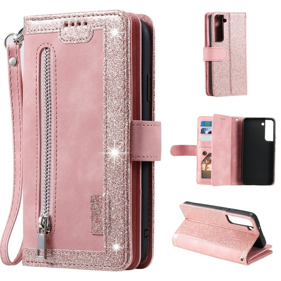 Wallet Case for Samsung Galaxy S21 FE 5G,Dteck Retro 9 Card Holder Slots Zipper Pocket Handbag Case PU Leather Magnetic Closure Kickstand with Wrist Strap TPU Shockproof Flip Case,Rosegold