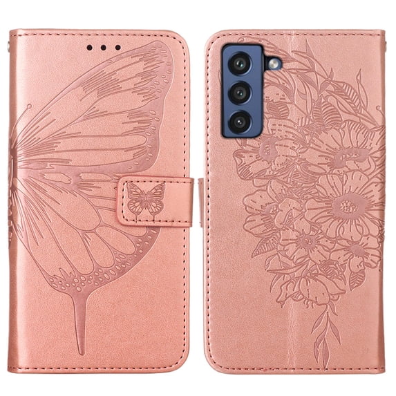 Wallet Case for Samsung Galaxy S21 FE 6.4 Inch, Luxury Butterfly Pattern PU Leather Shockproof Wrist Strap Flip Case with Magnetic Clasp Card Slots Kickstand Bracket Folio Phone Cover,Rosegold
