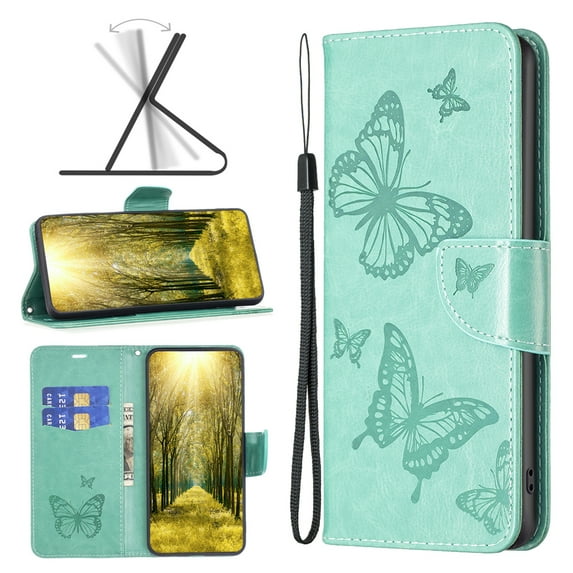 Wallet Case for Samsung Galaxy S21 FE, Butterflies Pattern PU Leather Flip Case with Card Holder, Kickstand Folio Magnetic Clasp Shockproof Protective Phone Cover for Galaxy S21 FE, Green