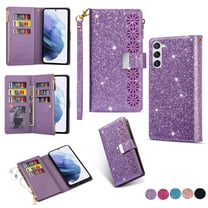 Wallet Case for Samsung Galaxy S21 FE, Glitter Bling Flip Folio Leather Protective Magnetic Stand Zipper Purse Phone Cover with Card Slot Holder Wrist Strap for Women, Purple