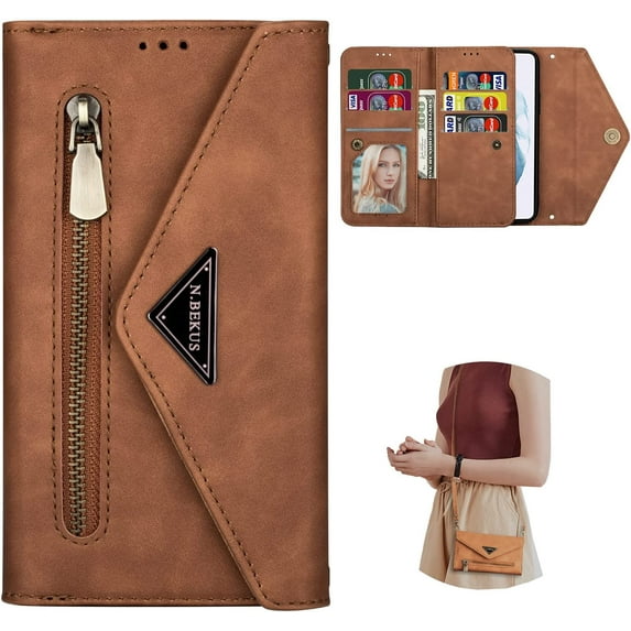 Wallet Case for Samsung Galaxy S21 FE (Not S21), Crossbody Neck Strap Lanyard Purse Handbag Shoulder Strap Cover with ID Card Holder Phone Case for Samsung Galaxy S21 FE XK Brown