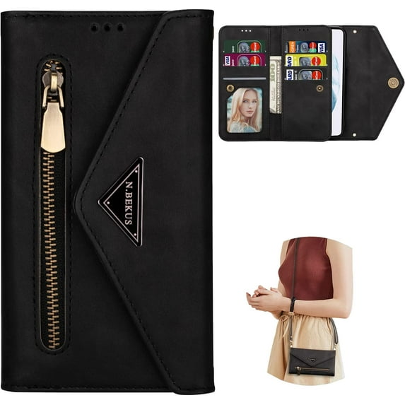 Wallet Case for Samsung Galaxy S21 FE (Not S21), Crossbody Neck Strap Lanyard Purse Handbag Shoulder Strap Cover with ID Card Holder Phone Case for Samsung Galaxy S21 FE XK Black