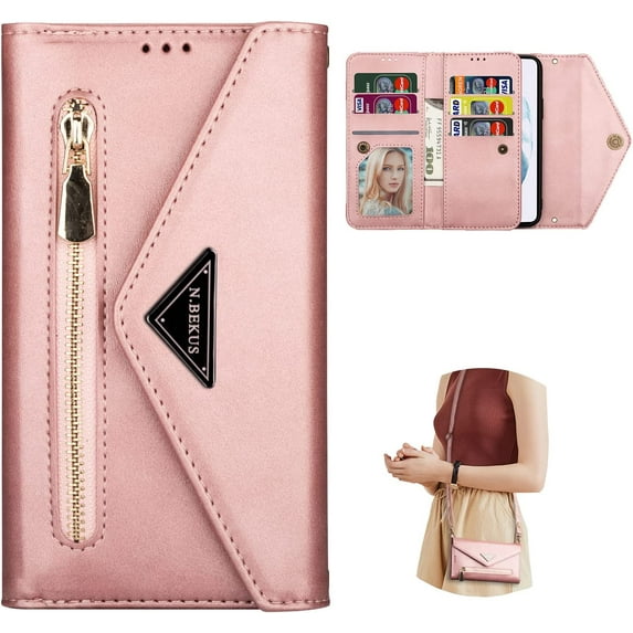 Wallet Case for Samsung Galaxy S21 FE (Not S21), Crossbody Neck Strap Lanyard Purse Handbag Shoulder Strap Cover with ID Card Holder Phone Case for Samsung Galaxy S21 FE XK Rose Gold