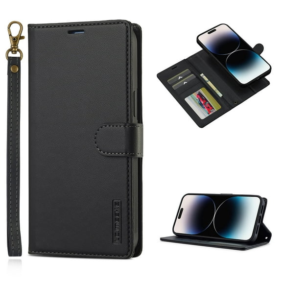Wallet Case for Samsung Galaxy S21 FE, PU Leather Credit Card Holder Phone Case [3 Card Slots] Folio Flip Detachable Magnetic Cover Kickstand & Carrying Strap for Samsung Galaxy S21 FE, Black