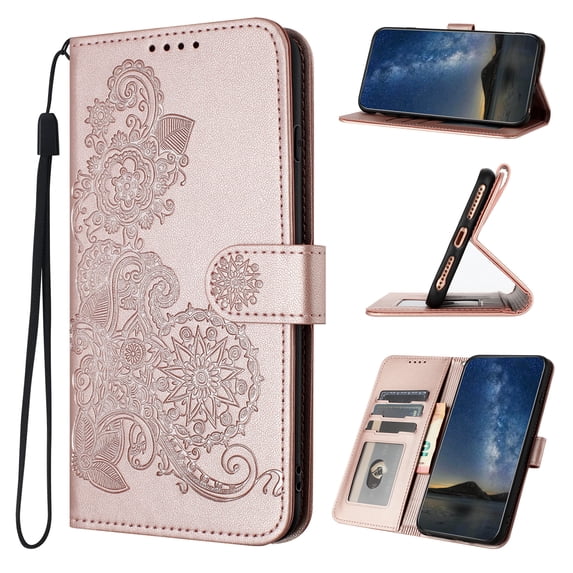 Wallet Case for Samsung Galaxy S21 FE, PU Leather Flip Protective Phone Case Wrist Strap Card Slots Holder Pocket Emboss Flower Stand Magnetic Book Case for Samsung Galaxy S21 FE - Rosegold