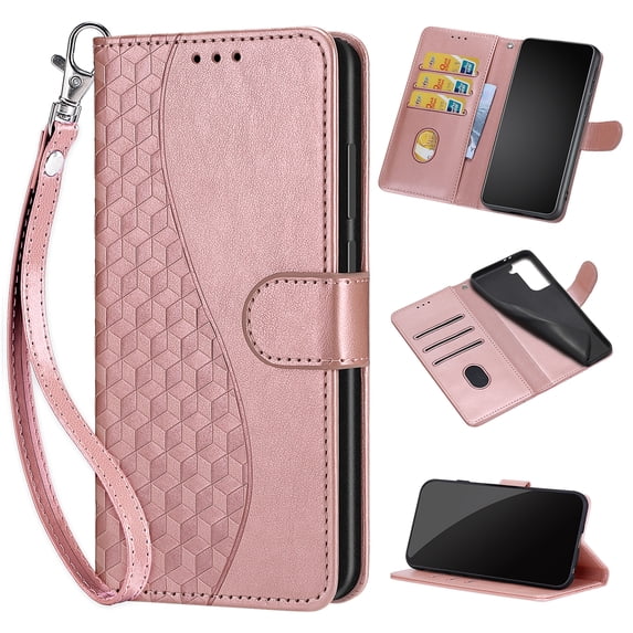 Wallet Case for Samsung Galaxy S21 FE, Premium Embossed PU Leather Flip Cover with Card Holder Kickstand Wrist Strap, Full Body Phone Protection Case for Samsung Galaxy S21 FE, S2rosegold