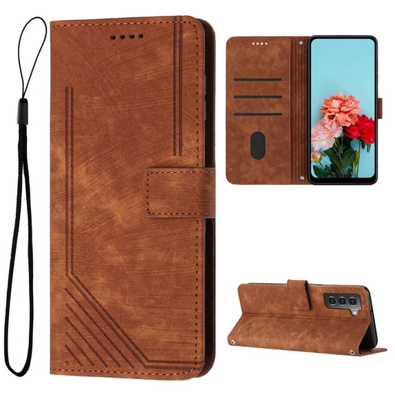 Wallet Case for Samsung Galaxy S21 FE, Premium PU Leather Flip Case Card Slots Holder, Luxury Kickstand Function Book Folding Folio Cover with Wrist Strap for Samsung Galaxy S21 FE, Brown
