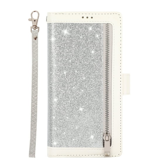 Wallet Case for Samsung Galaxy S21 FE Shining Zipper Pocket Cover, Glitter Sparkle Luxury PU Leather Magnetic Flip Folio Case with Card Slots Kickstand Wrist Hand Strip Shockproof Case,Silver