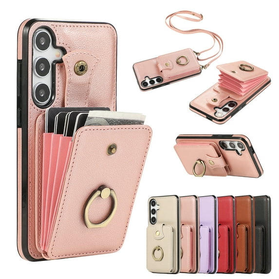 Wallet Case for Samsung Galaxy S21, Kickstand Ring Holder Premium PU Leather Case with Crossbody Strap,Card Holder Slot Money Pocket 360°Rotation Metal Ring Grip Kickstand Cover,Rosegold