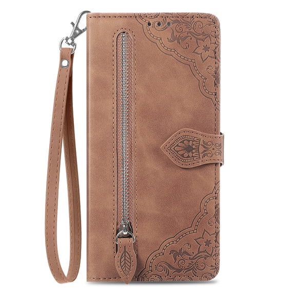 Wallet Case for Samsung Galaxy S21, PU Leather Embossed Texture Flip Cover with Kickstand Card Slots Zipper Storage Magnetic Wrist Strap Case for Samsung Galaxy S21 6.2 Inch,Brown