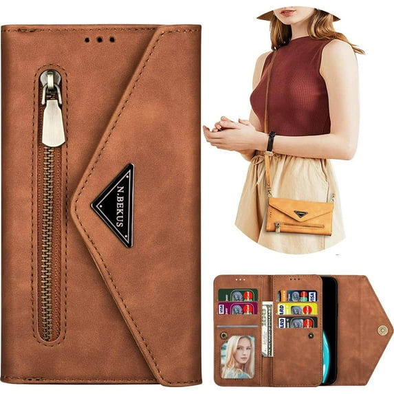 Wallet Case for Samsung Galaxy S21+ Plus (not s21) for Women, Shoulder Crossbody Purse Handbag Neck Strap Lanyard Cover with ID Card Holder Phone Case for Samsung Galaxy S21 Plus XK Brown