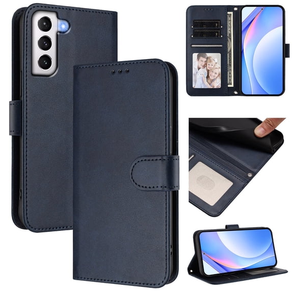 Wallet Case For Samsung Galaxy S21, RFID Blocking Credit Card Holder,Premium PU Leather Folio Magnetic Closure Flip Kickstand Function with Hand Strap Shockproof Cover Women Men,Darkblue