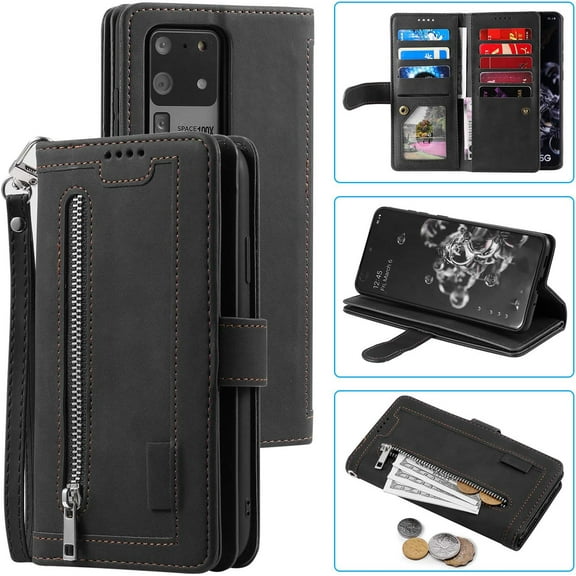 Wallet Case for Samsung Galaxy S21 Ultra 5G, Retro 9 Card Holder Slots Zipper Pocket PU Leather Handbag Cover Magnetic Closure Kickstand with Wrist Strap TPU Shockproof Flip Case - Black