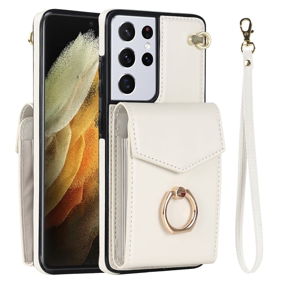 Wallet Case for Samsung Galaxy S21 Ultra, Back Card Slots/Bag Magnetic Button Ring Holder Stand Cover with RFID Blocking Wrist Hand Strap Luxury PU Leather Anti-Shocks Case,White