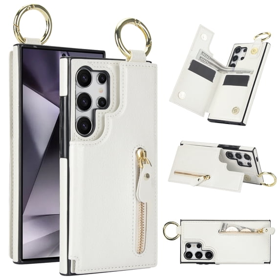 Wallet Case for Samsung Galaxy S21 Ultra, Premium Vintage PU Leather Magnetic Closure Handbag Zipper Pocket Case Kickstand Card Holder Slots with Ring Hook Shockproof Flip Cover, White