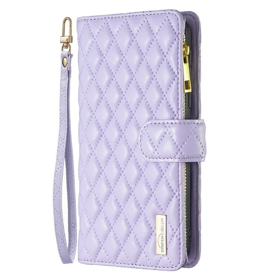 Wallet Case for Samsung Galaxy S21 Ultra, Rhombic Pattern Soft TPU Shockproof Zipper Phone Cover with Stand Card Slots Magnetic Clasp Wrist Strap Case for Samsung Galaxy S21 Ultra 6.8 Inch,Purple