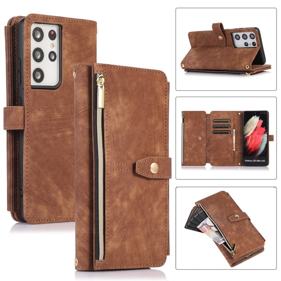 Wallet Case for Samsung Galaxy S21 Ultra with Zipper Pouch,Magnetic PU Leather Flip Folio Stand Card Slot with Hand Strap and Cross Body Strap Case Cover for Galaxy S21 Ultra, Brown