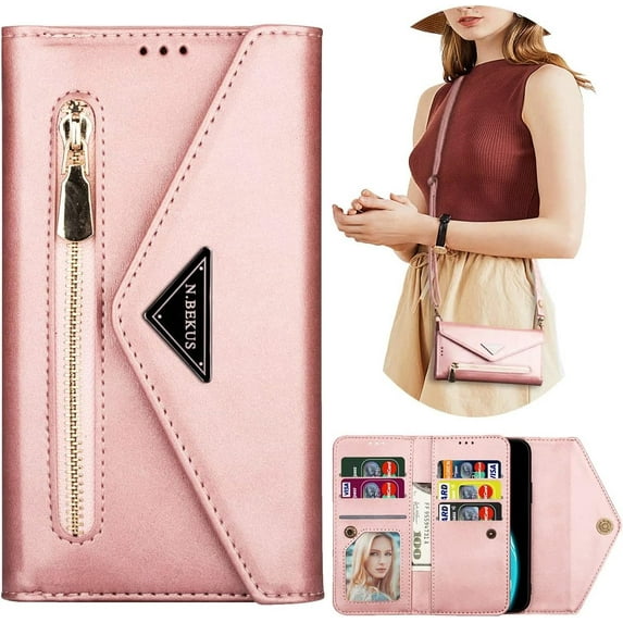 Wallet Case for Samsung Galaxy S21 for Women, Shoulder Crossbody Purse Handbag Neck Strap Lanyard Cover with ID Card Holder Phone Case for Samsung Galaxy S21 XK Rose Gold