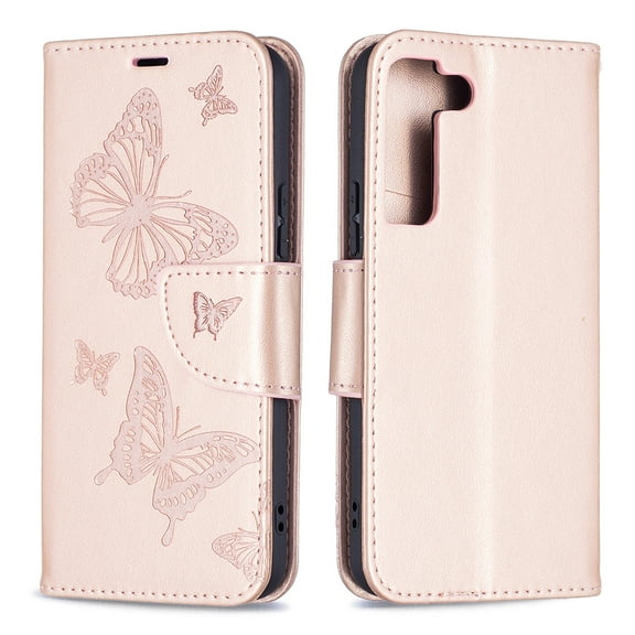 Wallet Case for Samsung Galaxy S22 5G 2022 Released, Allytech Embossed Butterfly PU Leather Scratch Free Credit Card Slots Holder Magnetic Closure Case with Hand Strap for Galaxy S22 6.1", Pink