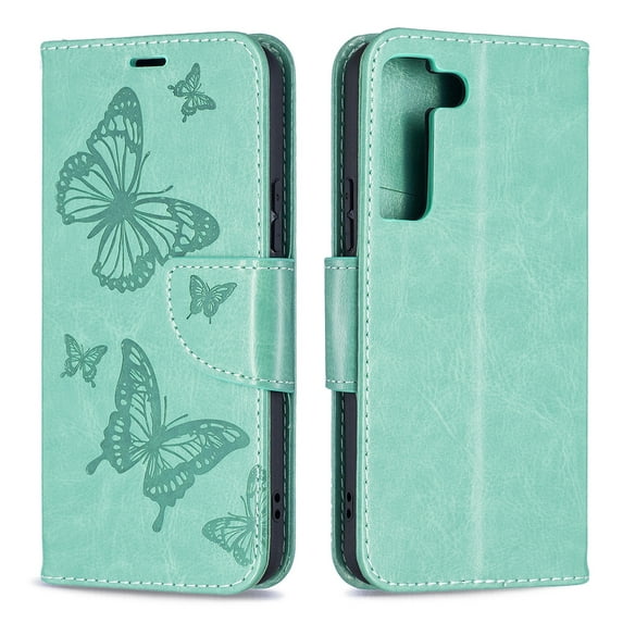 Wallet Case for Samsung Galaxy S22 5G 2022 Released, Allytech Embossed Butterfly PU Leather Scratch Free Credit Card Slots Holder Magnetic Closure Case with Hand Strap for Galaxy S22 6.1", Green