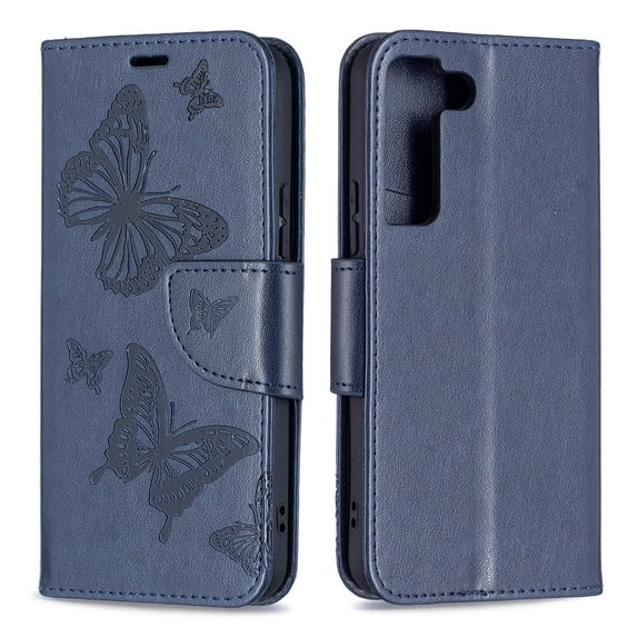 Wallet Case for Samsung Galaxy S22 5G 2022 Released, Allytech Embossed Butterfly PU Leather Scratch Free Credit Card Slots Holder Magnetic Closure Case with Hand Strap for Galaxy S22 6.1", Blue