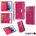 thumbnail image 1 of Wallet Case for Samsung Galaxy S22 5G, Glitter Bling Flip Folio Leather Protective Magnetic Stand Zipper Purse Phone Cover with Card Slot Holder Wrist Strap for Women, Rose, 1 of 7