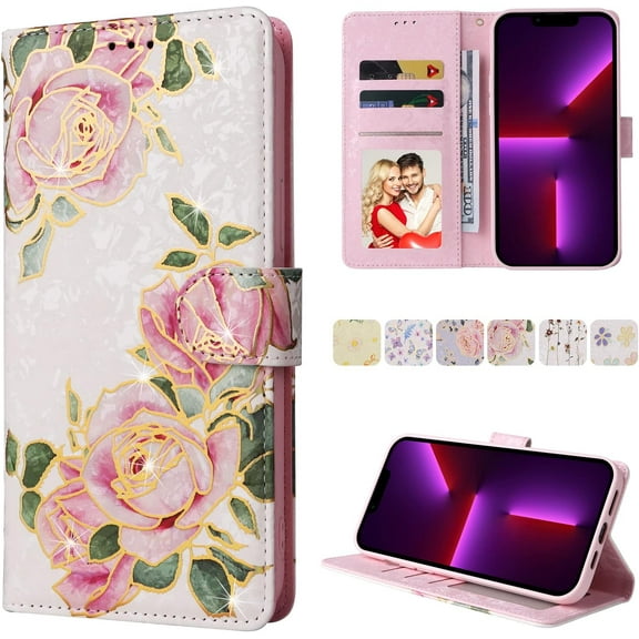 Wallet Case for Samsung Galaxy S22 5G, PU Leather Phone Case Kickstand RFID Blocking Flip Case with Card Slots Wrist Strap Relief Engraved Pattern Magnetic Closure Folio Case - White Rose
