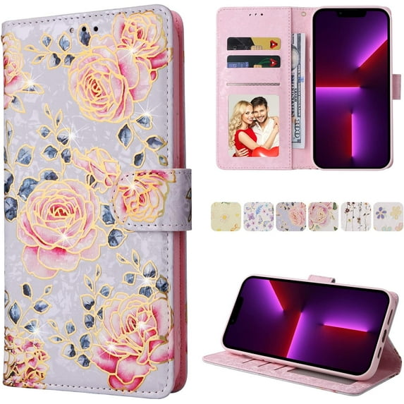 Wallet Case for Samsung Galaxy S22 5G, PU Leather Phone Case Kickstand RFID Blocking Flip Case with Card Slots Wrist Strap Relief Engraved Pattern Magnetic Closure Folio Case - Purple Rose