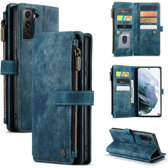 Wallet Case for Samsung Galaxy S22 5G, Premium Handmade PU Leather Phone Case Card Slots Magnetic Closure Zipper Pocket Kickstand Cover Vintage Shockproof Flip Case - Blue