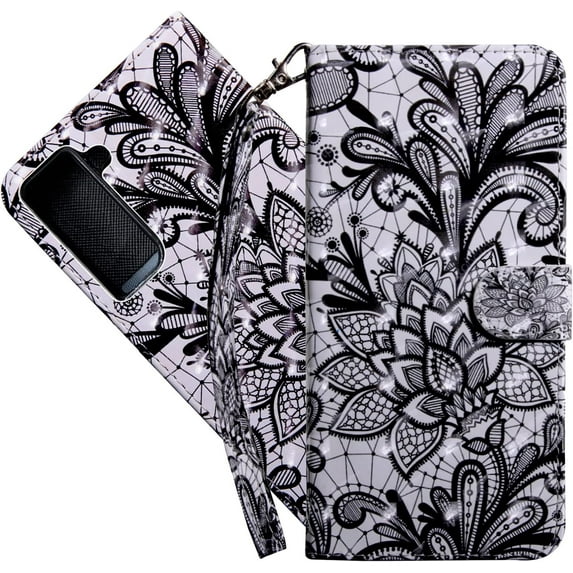 Wallet Case for Samsung Galaxy S22, Colorful Painted Premium PU Leather Cute Flip Cover with Card Holder & Kickstand Phone Case for Samsung Galaxy S22 Black Lace