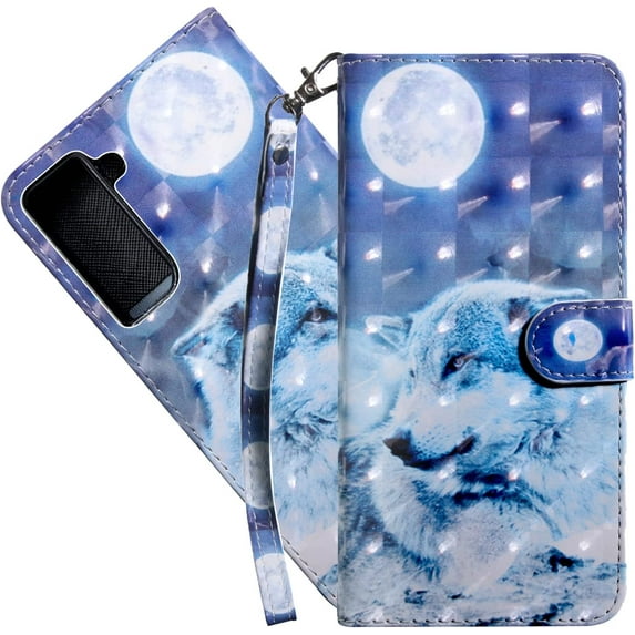 Wallet Case for Samsung Galaxy S22, Colorful Painted Premium PU Leather Cute Flip Cover with Card Holder & Kickstand Phone Case for Samsung Galaxy S22 Wolf Under Moon