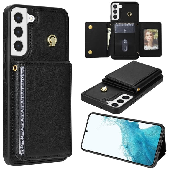 Wallet Case for Samsung Galaxy S22 Crossbody with Card Holder Shoulder Strap, Magnetic Flip Folio Purse Case Kickstand PU Leather Shockproof Protective Cover for Samsung Galaxy S22, Black
