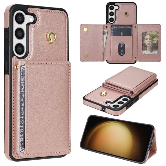 Wallet Case for Samsung Galaxy S22 Crossbody with Card Holder Shoulder Strap, Magnetic Flip Folio Purse Case Kickstand PU Leather Shockproof Protective Cover for Samsung Galaxy S22, Rosegold