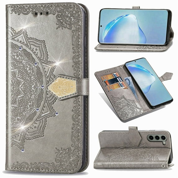 Wallet Case for Samsung Galaxy S22, Glitter PU Leather Magnetic Closure Handbag Embossed Case Kickstand Card Holder Slots with Wrist Strap TPU Shockproof Flip Cover RFID Blocking, Gray