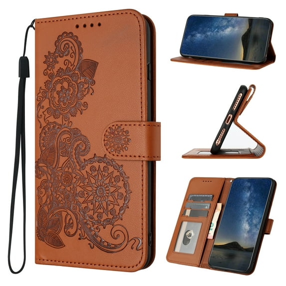 Wallet Case for Samsung Galaxy S22, PU Leather Flip Protective Phone Case Wrist Strap Card Slots Holder Pocket Emboss Flower Stand Magnetic Book Case for Samsung Galaxy S22 - Brown