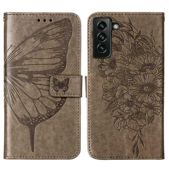 Wallet Case for Samsung Galaxy S22 Plus 6.6 Inch with PU Leather Kickstand Bracket Card Slots Magnetic Clasp Flip Folio Phone Case, Butterfly Pattern Soft TPU Wrist Strap Shockproof Cover,Gray