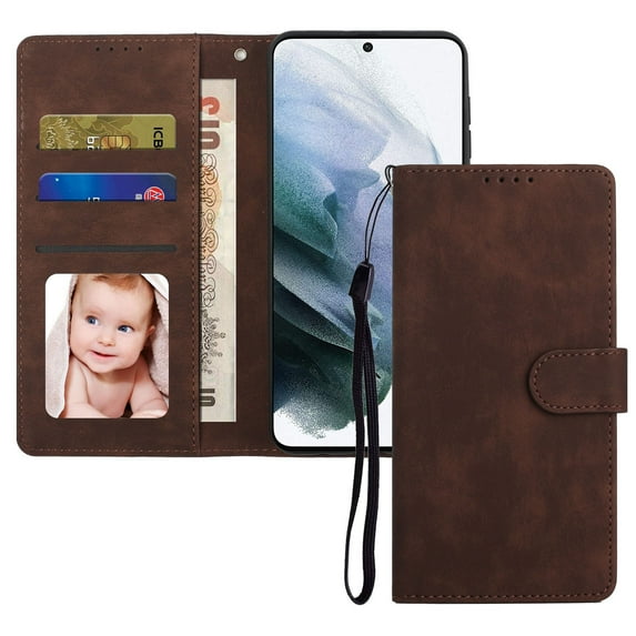 Wallet Case for Samsung Galaxy S22 Plus 6.6 Inch, Premium PU Leather Skin-Friendly Shockproof Flip Folio Case with Stand Card Slots Magnetic Clasp Wrist Strap Phone Cover for Women Girls Men,Coffee