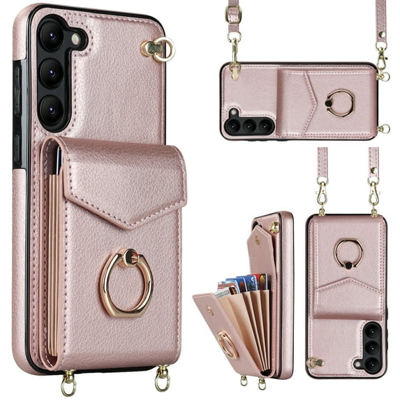 Wallet Case for Samsung Galaxy S22 Plus, Luxury PU Leather Shoulder Strap Lanyard Crossbody Back Card Slot Bag Magnetic Cover with RFID Blocking Ring Holder Kickstand Soft TPU Bumper Case,Rosegold