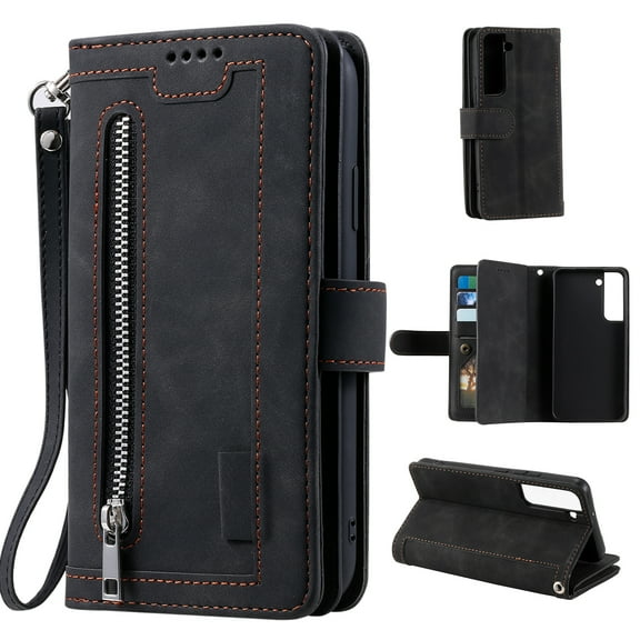 Wallet Case for Samsung Galaxy S22 Plus (S22+),Dteck Retro 9 Card Holder Slots Zipper Pocket Handbag Case PU Leather Magnetic Closure Kickstand with Wrist Strap TPU Shockproof Flip Case,Black