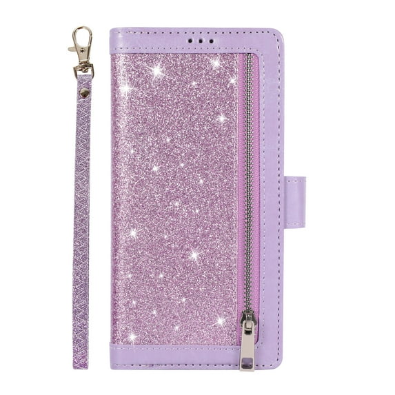 Wallet Case for Samsung Galaxy S22 Plus Shining Zipper Pocket Cover, Glitter Sparkle Luxury PU Leather Magnetic Flip Folio Case with Card Slots Kickstand Wrist Hand Strip Shockproof Case,Purple